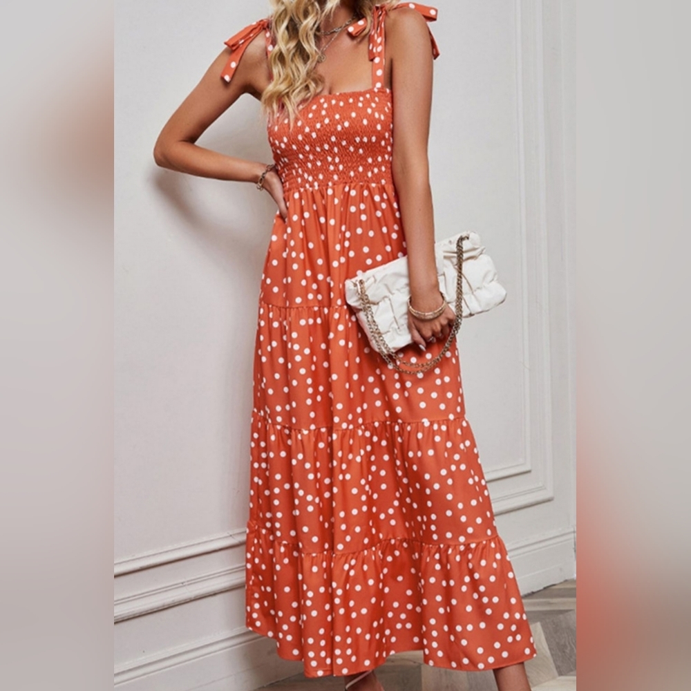 Tiered Retro Polka Dot Smocked Elastic Bodice Sleeveless Boho Summer Maxi Dress